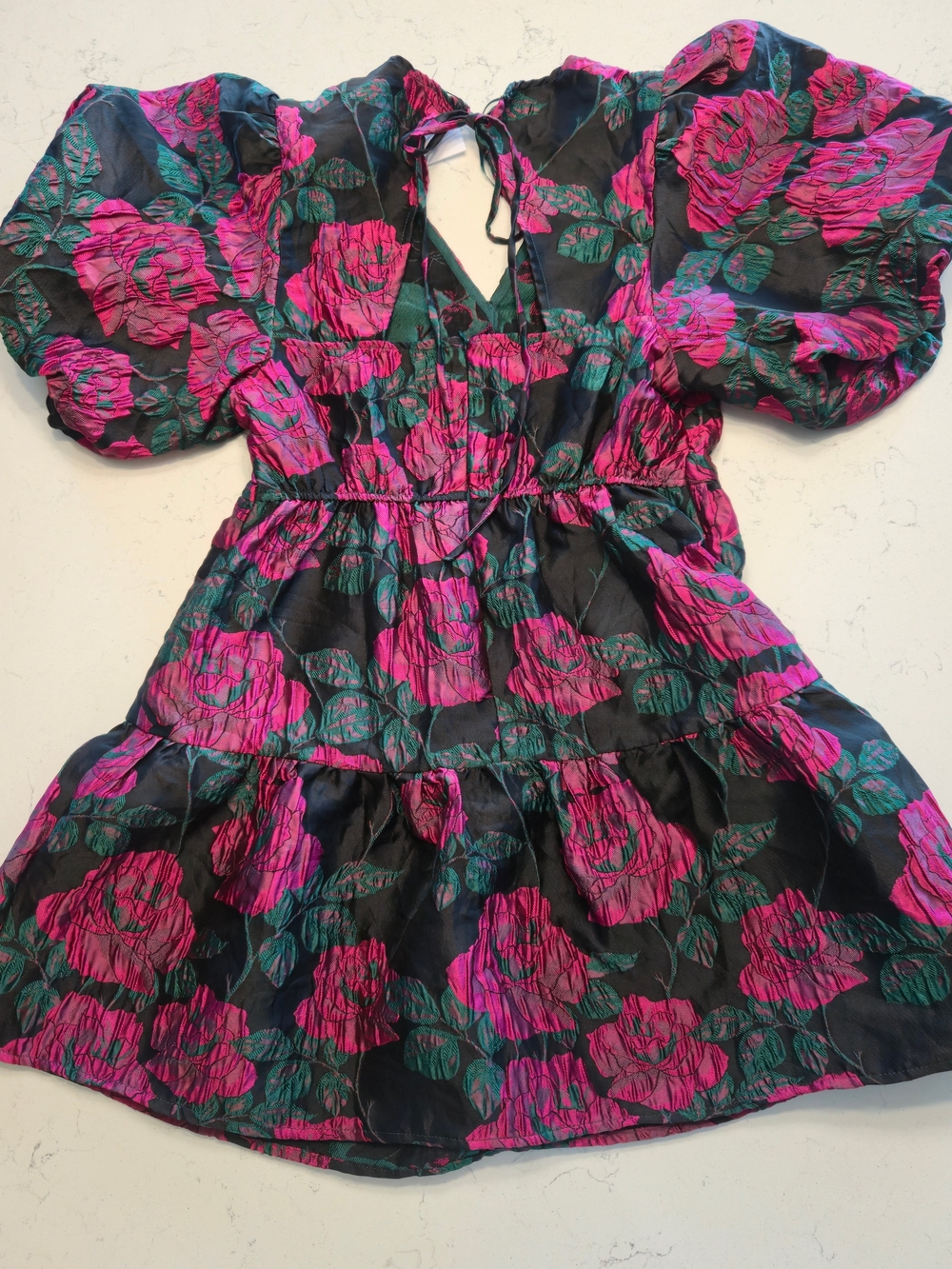 Sugarlips Noemie Jacquard May Tiered Mini Floral Pink And Black Dress Size L